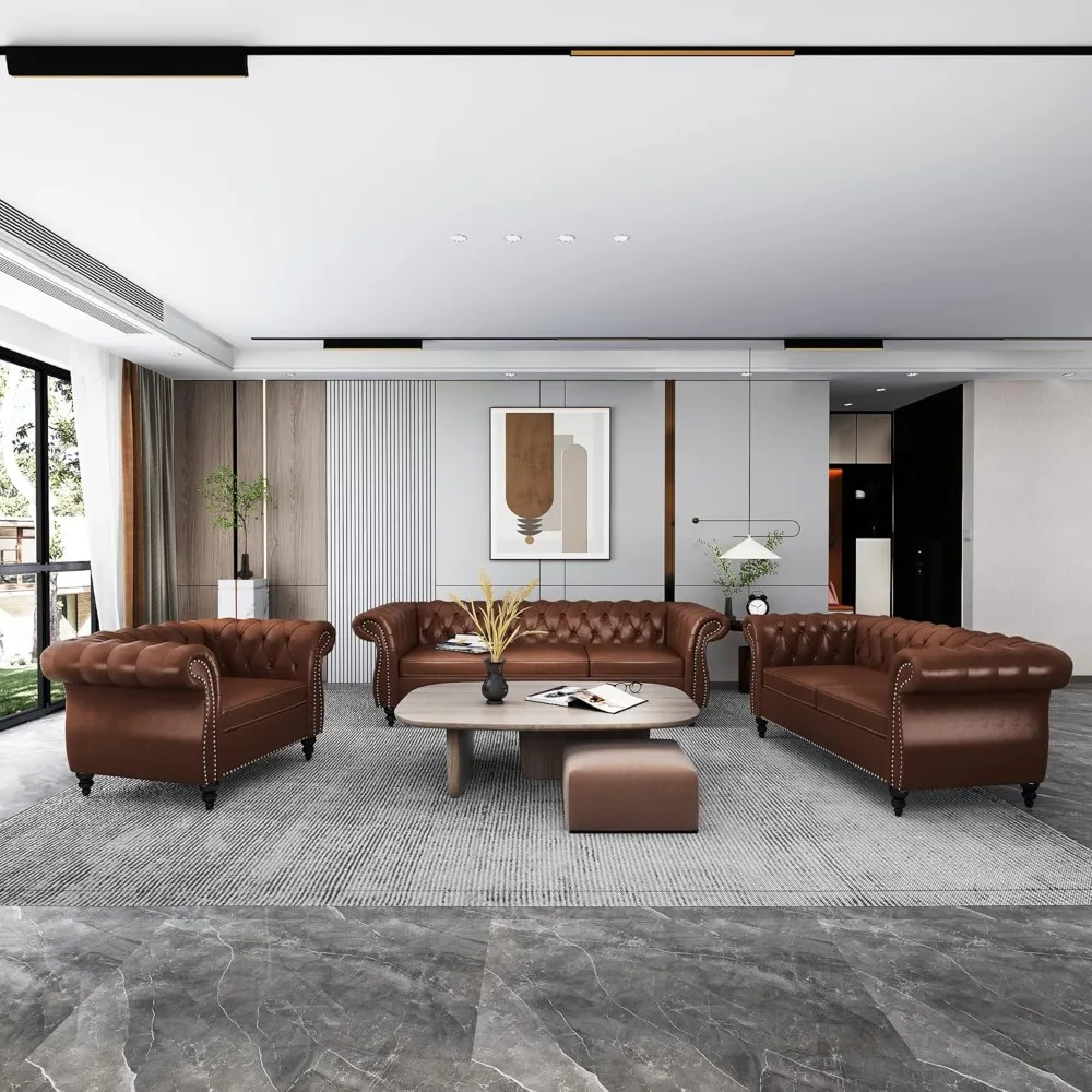 

3 Piece Living Room Set, Sectional Chesterfield Sofa Chair Contemporary Upholstered Leather Loveseat Couch Sets for Living Room