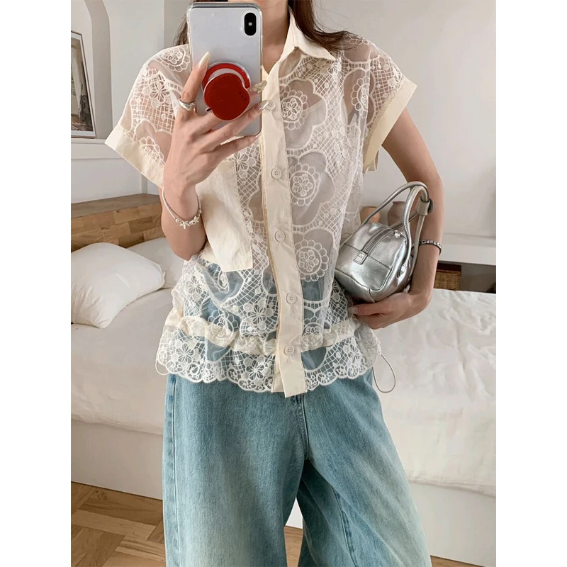 

Korean Style Loose Fit Short Sleeve Lace Embroidery Shirt Women's Drawstring Waist Cinched Collar Top Summer New Arrival