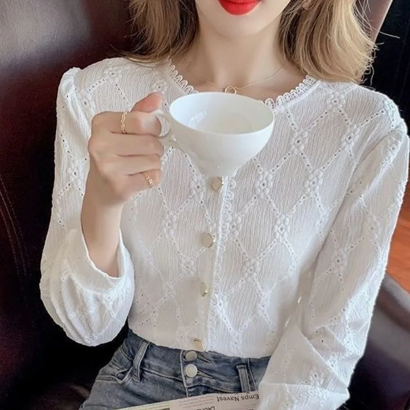 Casual Office Lace Flower Side Blouse Women New Long Sleeve Classic Embroidered Personality Button O-collar Slim Lady Shirt 2022