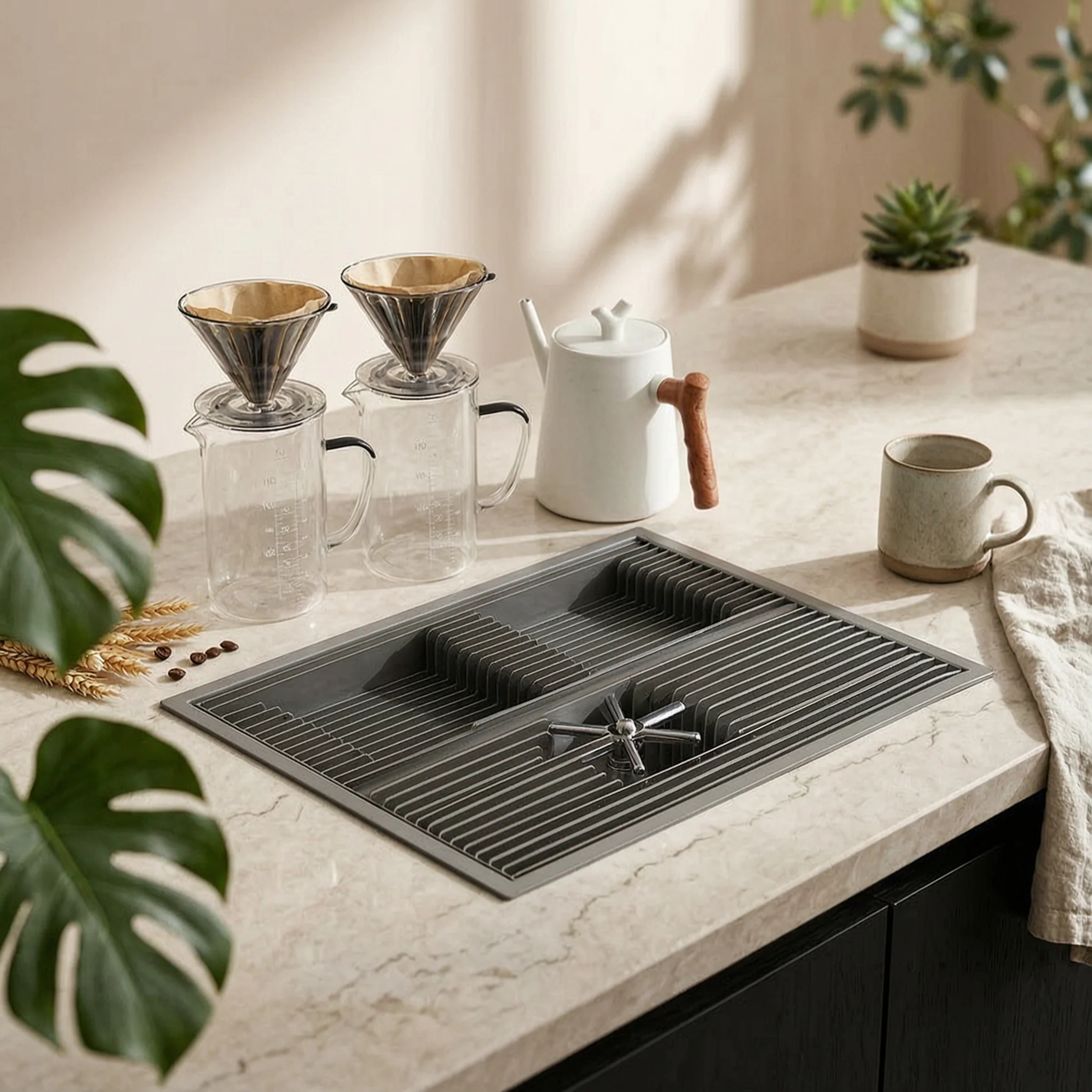Coffee Rinse Station Large Central Drain Professional Tray for Home Coffee Corners and Baristas