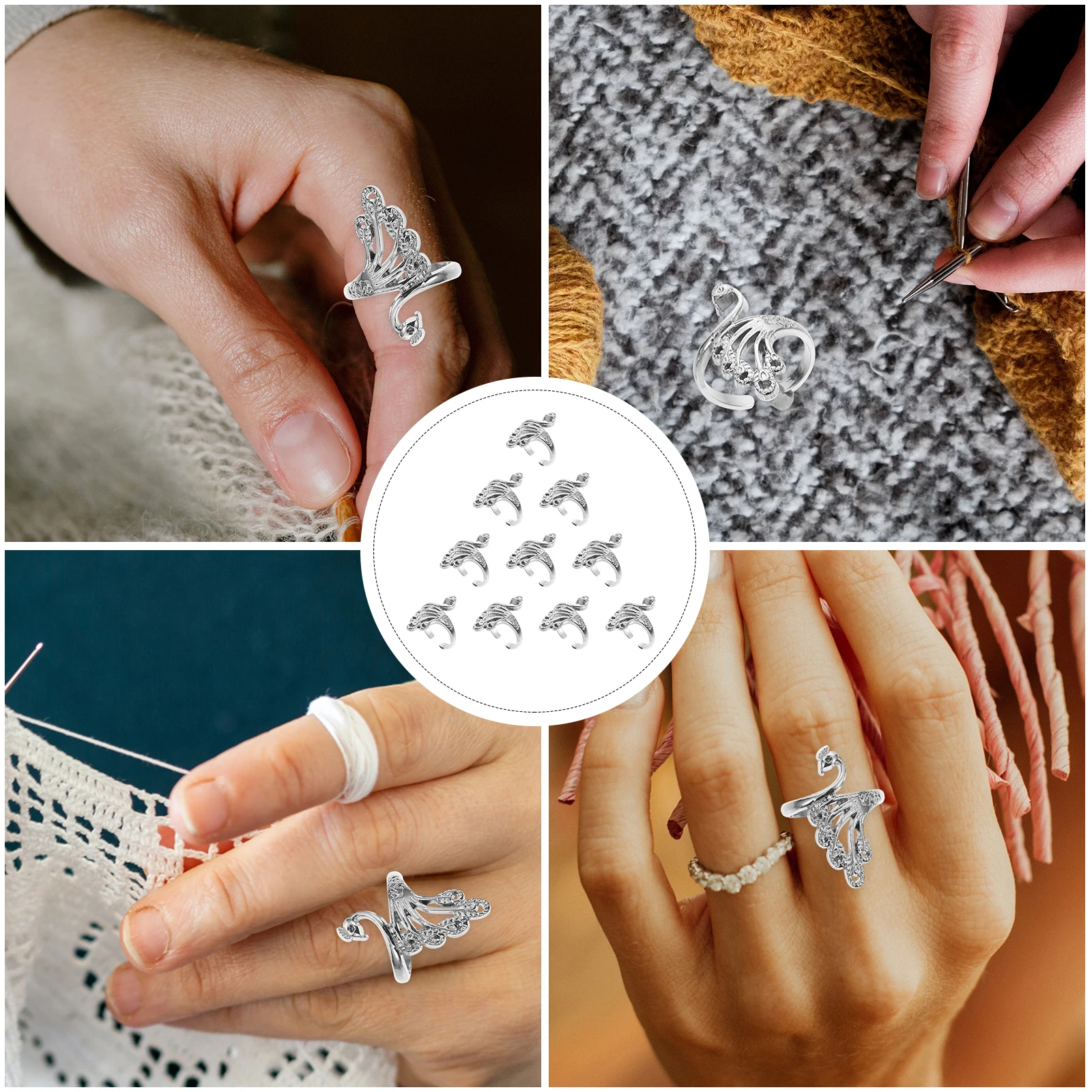 

10pcs Peacock Rings Silver Retro Portable Knitting Loop Ring Yarn Guide Finger Holder Crochet Accessories for Women Jewelry