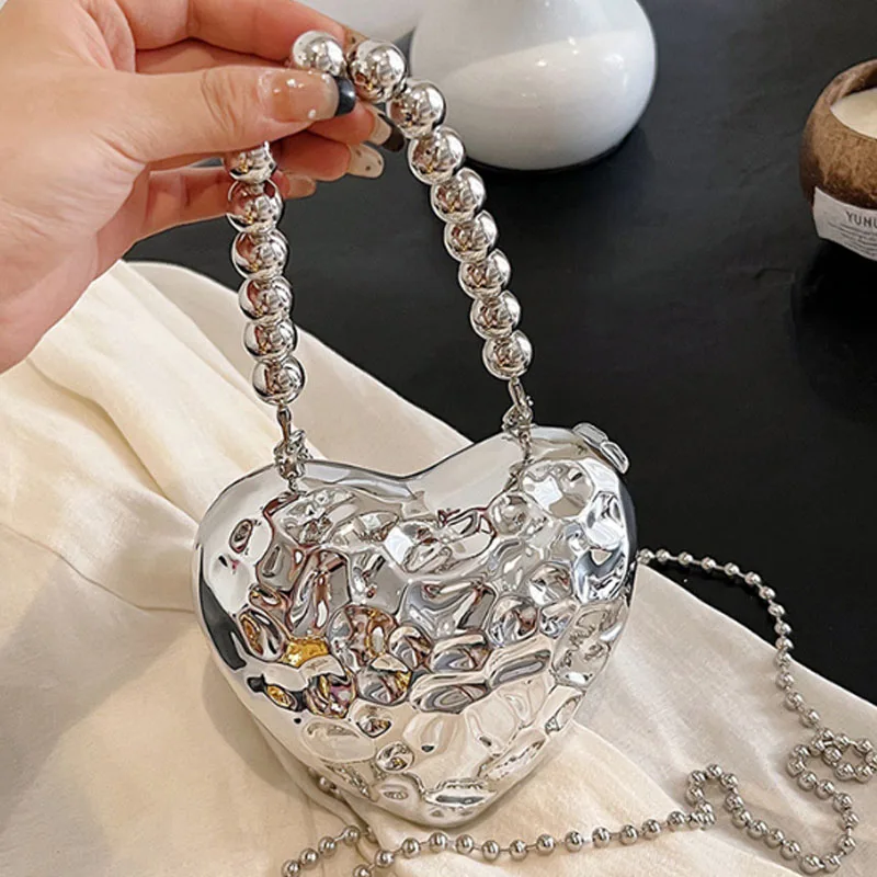 Silver Gold Love Hearts Shaped Crossbody Bags Mini Metal Box Women Shoulder Bags Shiny Evening Party Clucth Lipstick Purses