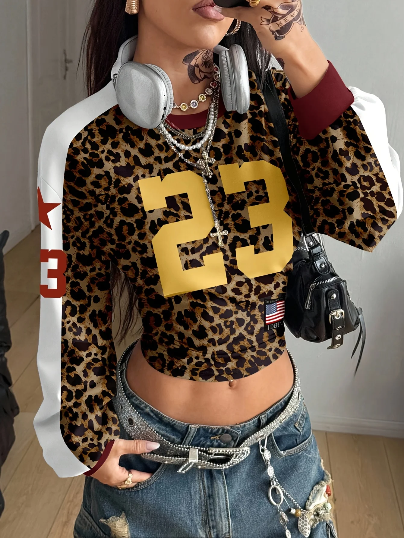 2026 Personalized Print Long-sleeved Short Trendy Women's Cool Leopard Print Riding Motorcycle Personalized Sports T-shirt