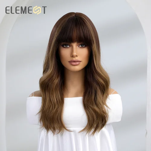 Imagen 2 del producto Peluca sintética ELEMENT larga, mediana, ondulada al agua, ombré, marrón oscuro con flequillo, peluca para mujer, fiesta, cabello diario, moda resistente al calor