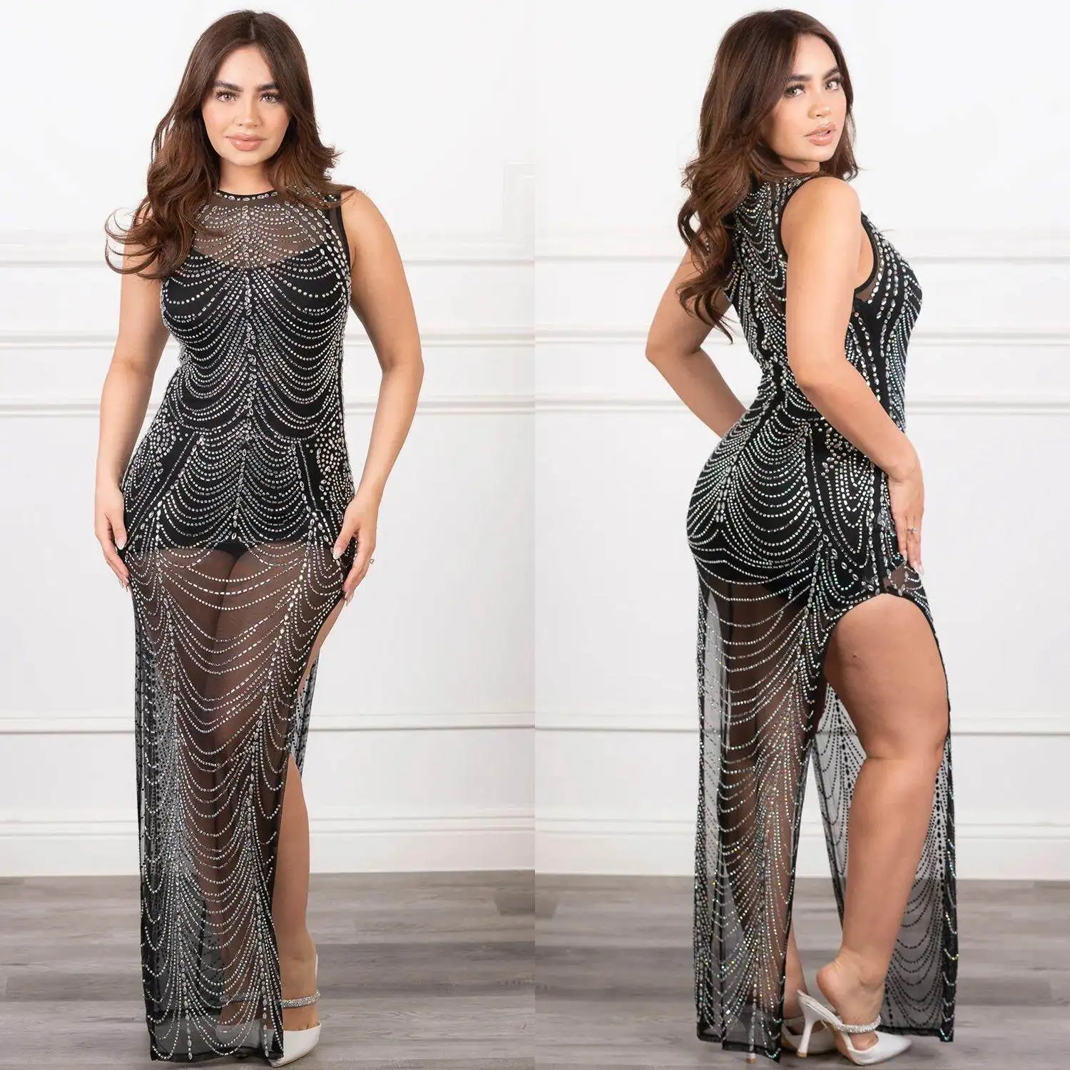 Fashionable Pure Color Mesh Long Sleeveless Dress with Hotfix Rhinestones for Women Elegant Autumn Season Chinese Origin view 2
