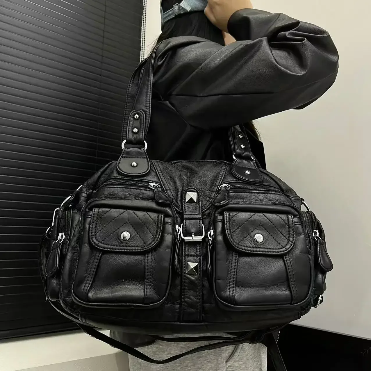 Moda feminina retro vintage quente menina motocicleta sacola com grande capacidade y2k lavado bolsa de ombro de couro vegano