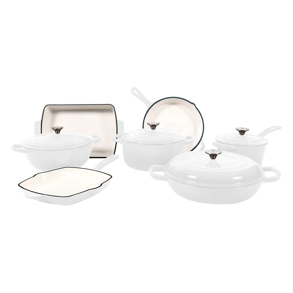 Stylish Design 11pcs Smooth Enamel Surface Durable Fast Heat Transfer Cast Iron Nonstick Cooking Pot Cookware Set