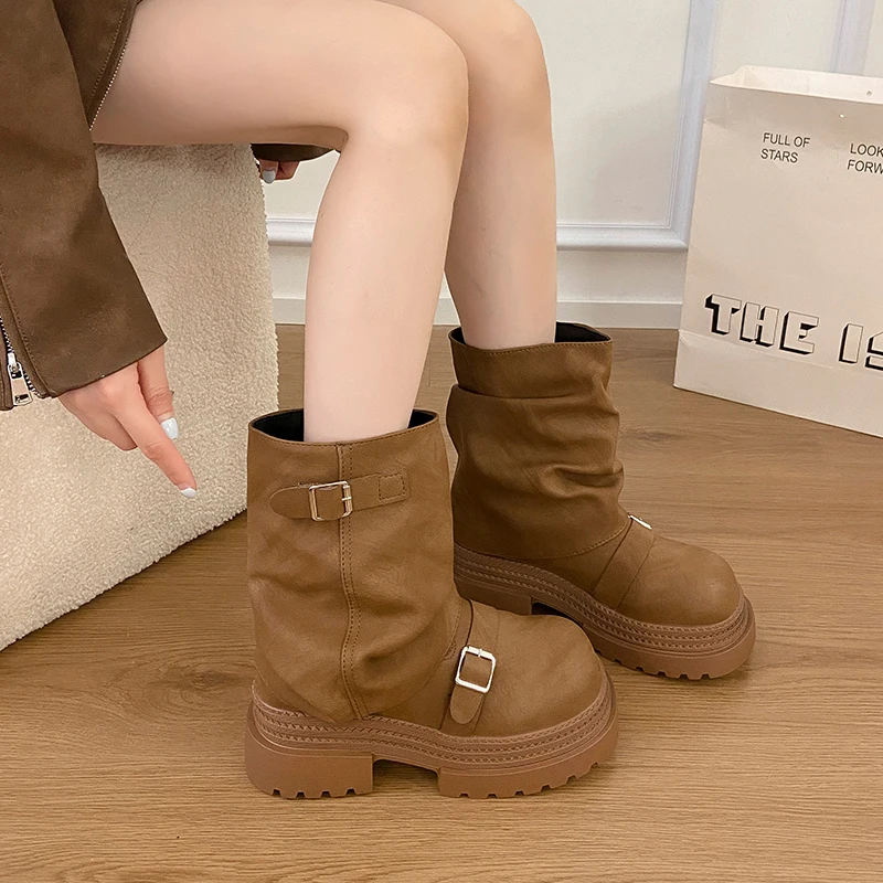 

Коричневые ботинки Thi Bot, женские ботинки, весенне-осенние повседневные ботинки с многослойными манжетами, удобные всесезонные ботинки