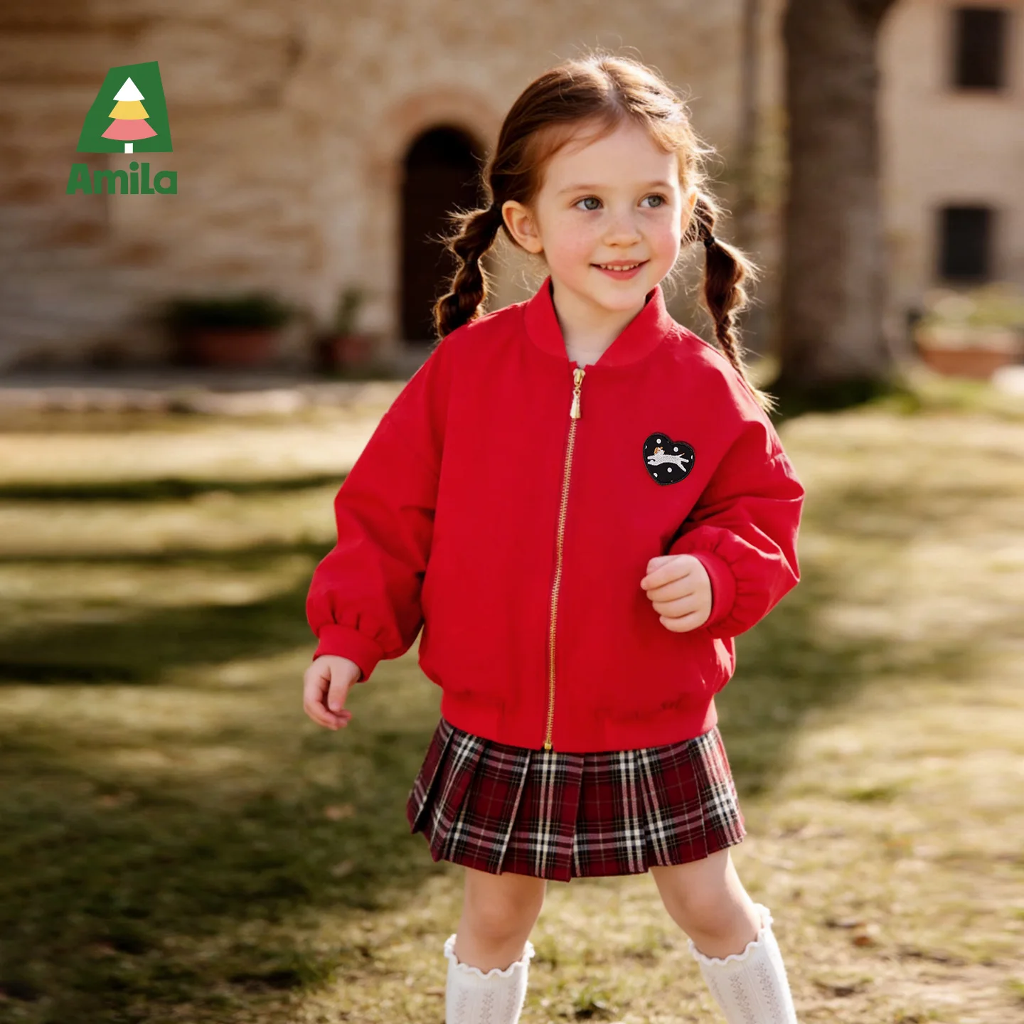 Amila 2026 Autumn New Kids Jacket Fun Dalmatian Embroidery Love Heart Baseball Uniform Fashion Casual Long Sleeve Top