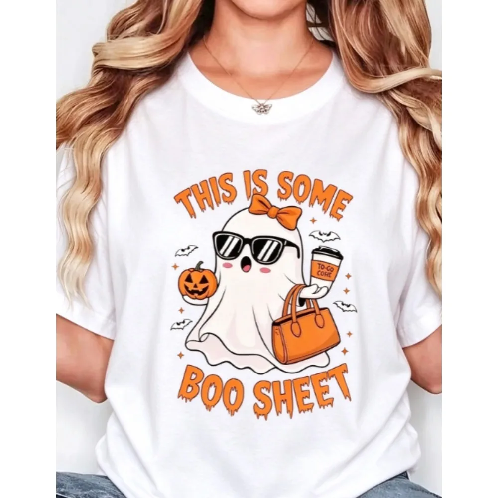 Women'S Halloween Graphic Tee - This Is Some Boo Sheet Spooky Ghost Design with Jack-O'-Lanterns Casual Oversized Fit