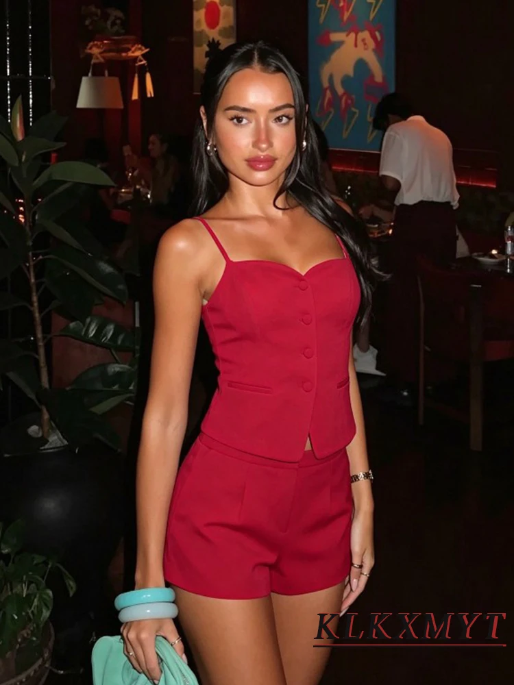 Woman Sexy Fashion V-Neck Sleeveless Backless Thin Shoulder Strap Button Short Tops+Shorts Summer Solid 2 Piece Set New