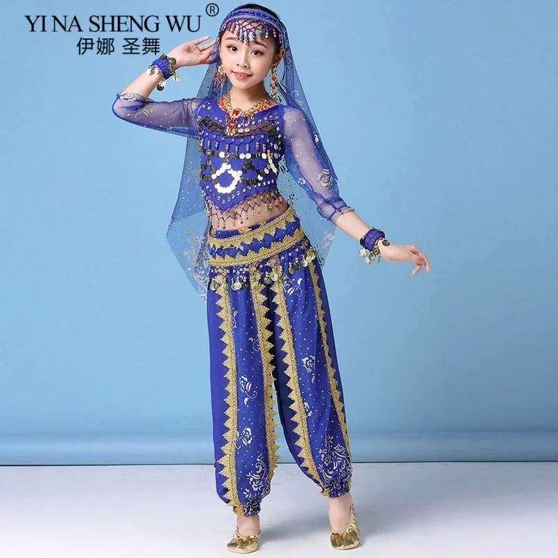Children Belly Dance Indian Costume Set Sari Girls Dance Performance Chiffon Bollywood Outfit Children Indian Dance Costumes Set