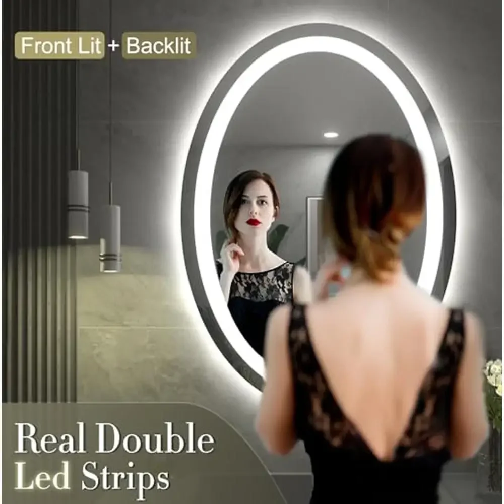 LED Oval Bathroom Vanity Mirror Wall Mount Anti-Fog Dimmable 3 Colors Front Backlit Shatter-Proof Safe Easy Install 40x24)