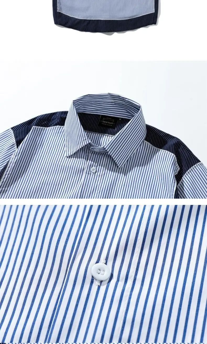 Summer Japanese Striped Short-sleeved Shirt Men's Contrasting Color Loose Splicing Fake Two-piece Jacket