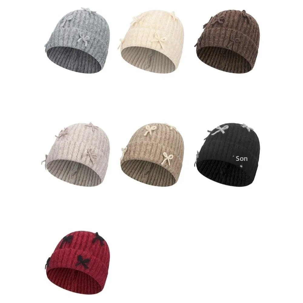 الرجعية سميكة قبعة صغيرة محبوكة قبعة Bowknot الكورية نمط الصوفية البلوز قبعة دافئة بلون الكورية الحلو القوس قبعة في الهواء الطلق #6