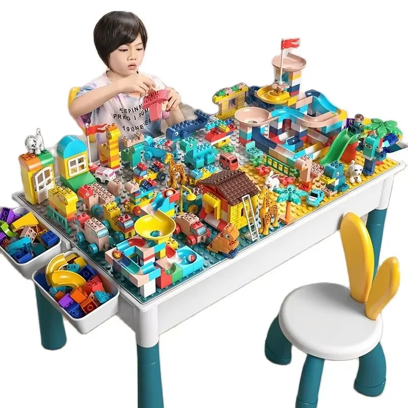 مكعبات بناء للأطفال بعمر 3-6 سنوات، طاولة مكتب متعددة الوظائف، حبيبات كبيرة، صندوق تخزين، ألعاب تعليمية للأطفال