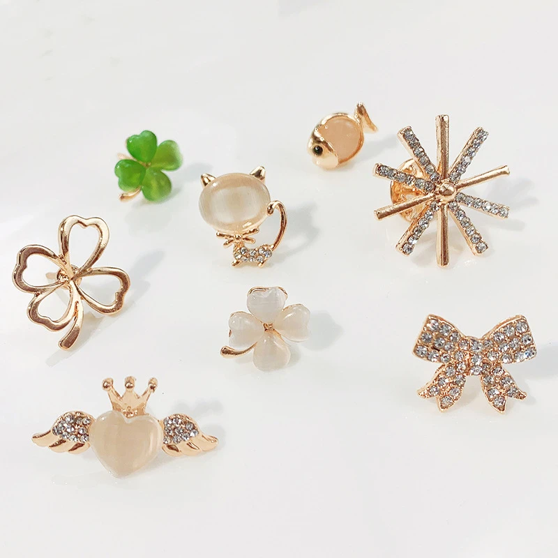 Opal Green Four Leaf Clover Lapel Hijab Pin Small Lovely New Plant Cat Fish Wing Brooches Pin Badge Girls Dress Jewelry Gift
