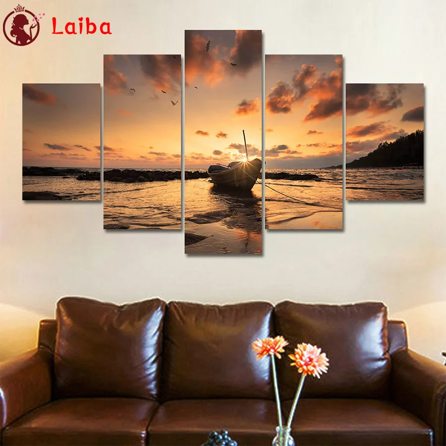 

Diamond Painting Sunrise Beach Boat Landscape Cross Stitch Diamond Mosaic Embroidery crystal Beaded Handicraft 5pcs