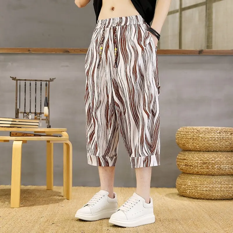 

Fashion 2025 Summer Men's Casual Striped Pants Youth High Street Wear Breathable Calf-Length Pants Outdoor Elastic Waist Jogger