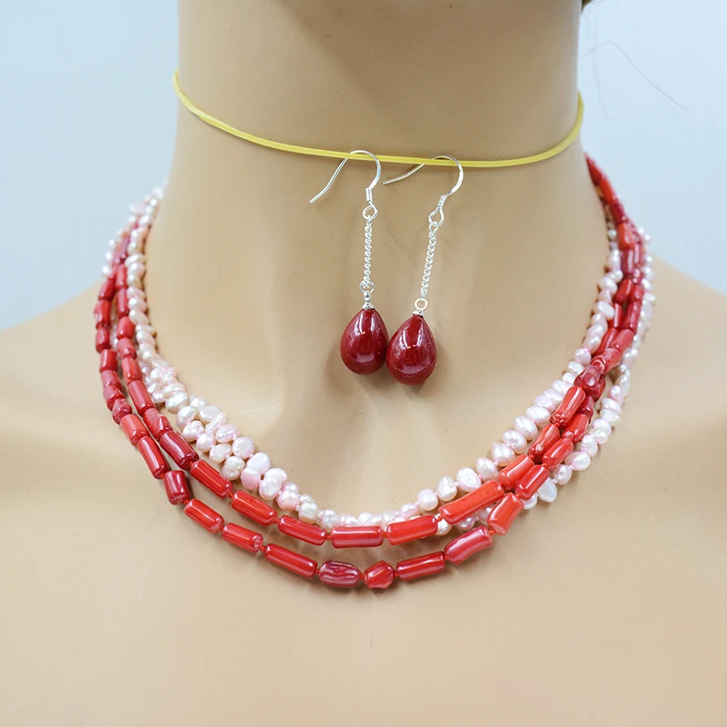 

4-strand natural red coral pink Baroque pearl necklace/earring set 18”