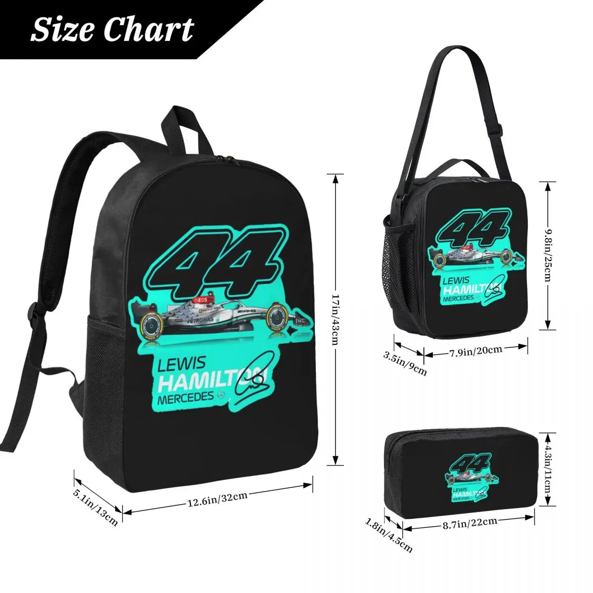 Lewis Hamilton 44 Backpack Student Boys Girls BookBag School Bag Laptop Shoulder Bags 3ps Insulated Lunch Bag Pencil Case