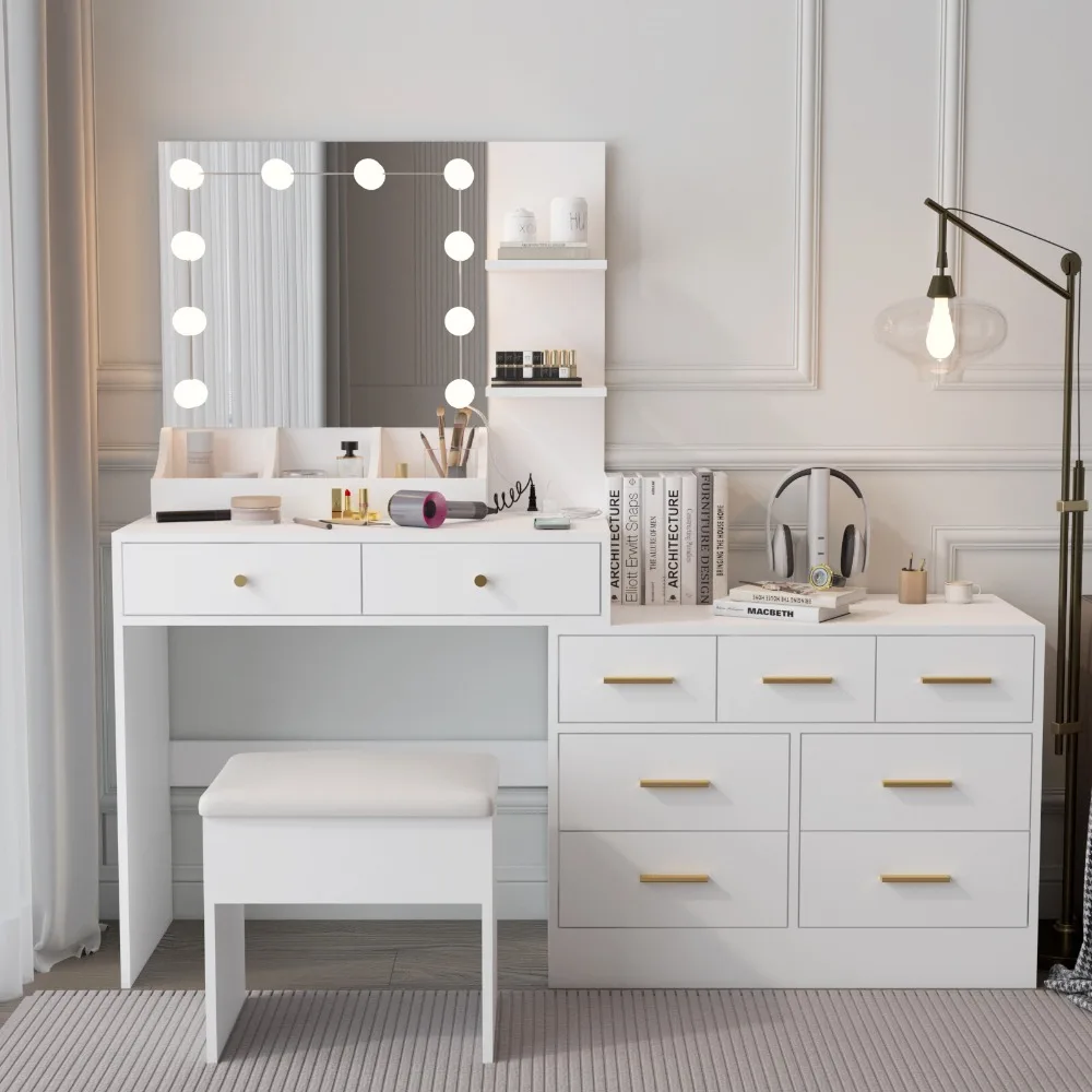 

Vanity Desk with Mirror Makeup Table 9 Drawer Dresser