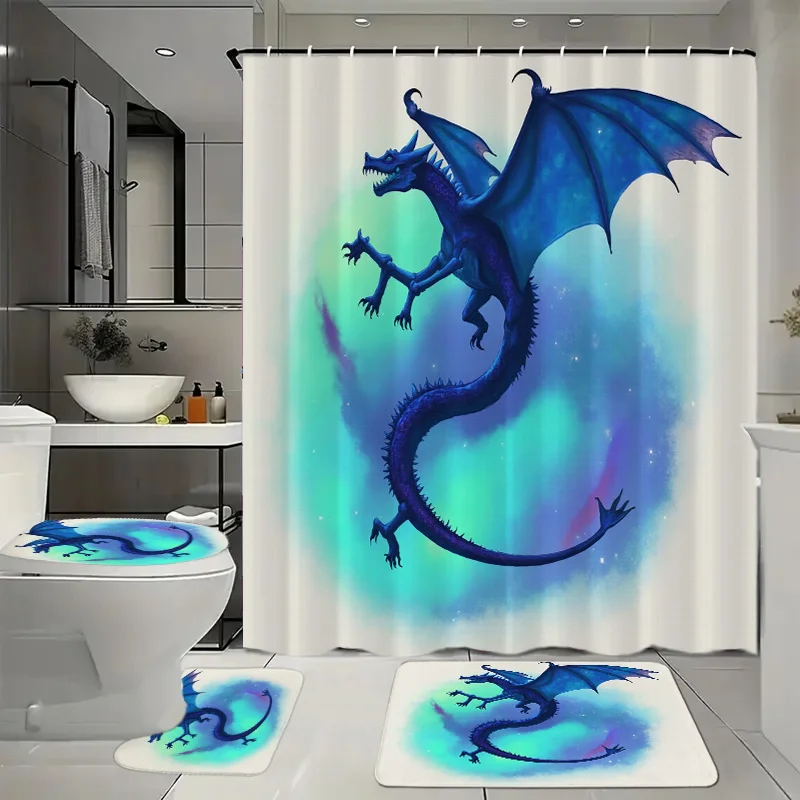 

Набор для ванной комнаты из 4 предметов с занавеской для душа, 12 крючков, напольным ковриком, крышкой унитаза и декором в стиле фэнтези с надписью «Дракон» — идеально подходит для химерки