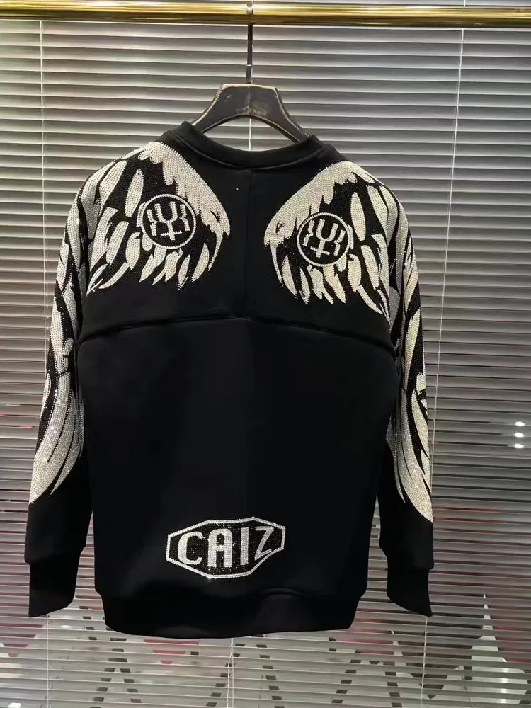 Bild 4: 2025 Herbst Winter Neuer Schwarzer Robuster Strass-Herrenpullover Rundhals Locker Lässiges Langarm-T-Shirt