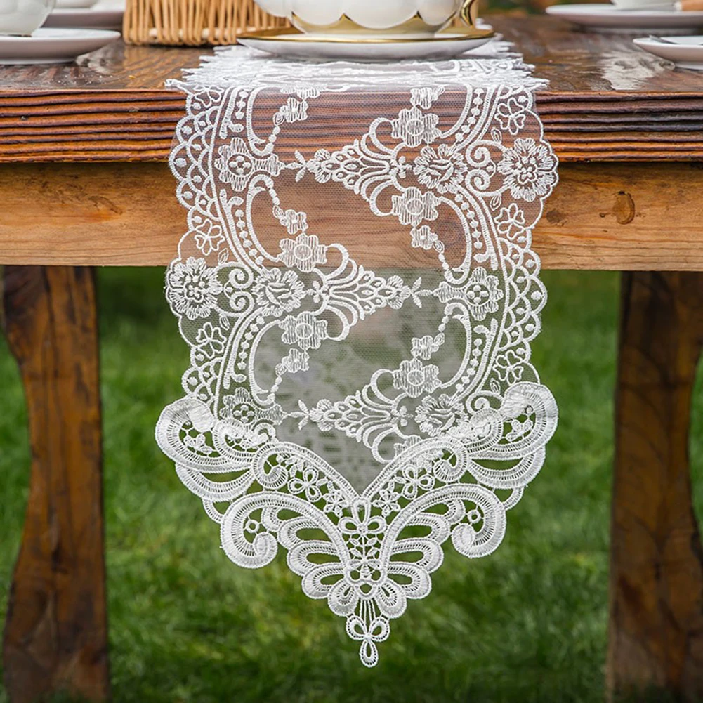 Dining Room Decor Embroidered Table Mat Decorative Mantel Cover Transparent Lace Table for runner Centerpiece 26*70cm