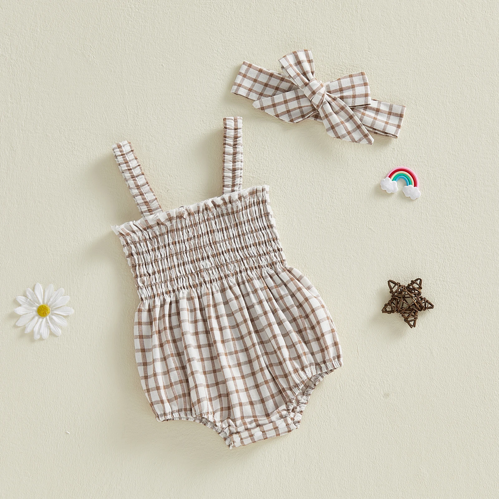 Lovely Summer Newborn Baby Girls Casual Rompers Sleeveless Backless Plaid Print Ruffes Ruched Jumpsuits Headband Outfits