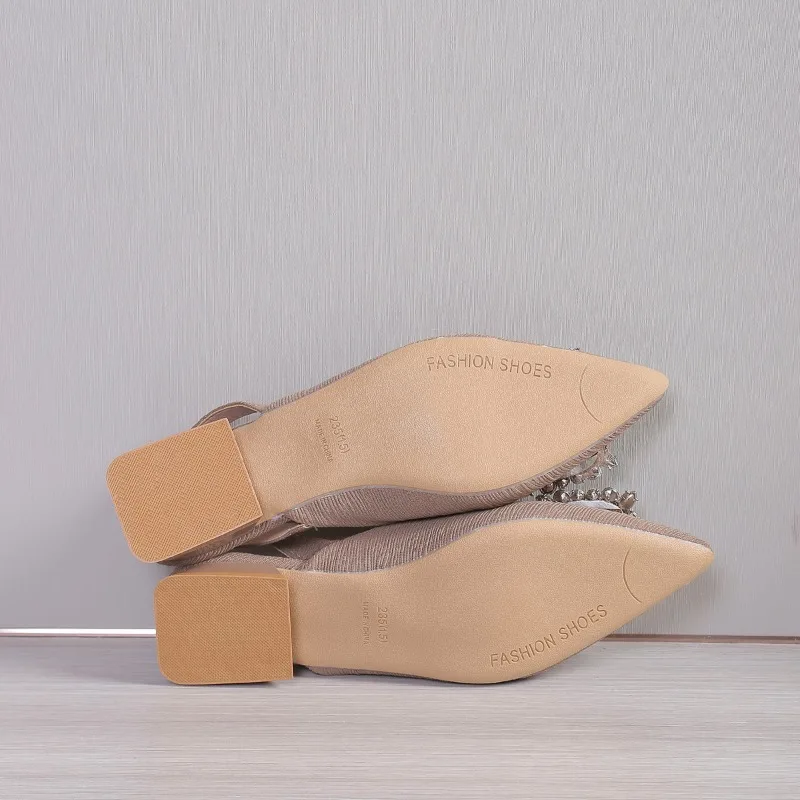 New Low Heeled Sandals Clear Shoes Women's Rhinestone Comfortable Medium Pointed Spring Fashion Girls Work Dress Shoes