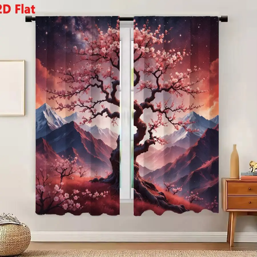 2Pcs Curtains 2D Flat Surreal Dreamlike Landscape With Large Twisted Bonsai Cherry Blossom Tree Snow Capped Mountains And Gradie