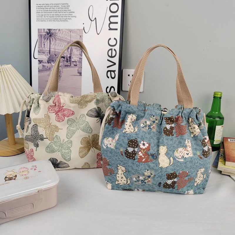 1pcs Fashion Printed Canvas Handbag Large Capacity Tote Bag Office Worker Lunch Box Bento Bag