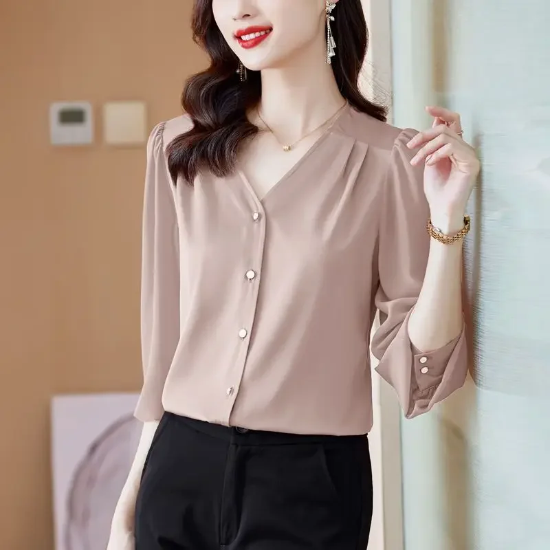 Neue Sommer elegante Mode einfarbig Retro koreanischen Stil Damen hemd ästhetische lose Büro Dame V-Ausschnitt 3/4 Ärmel Tops B671