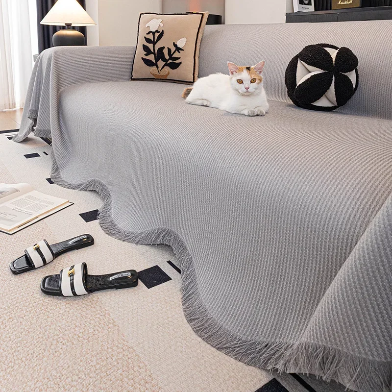 Chenille Striped Sofa Cover Four Season Polyester Cotton Anti Cat Scratch Simple Household Sofa Slipcover Household Goods