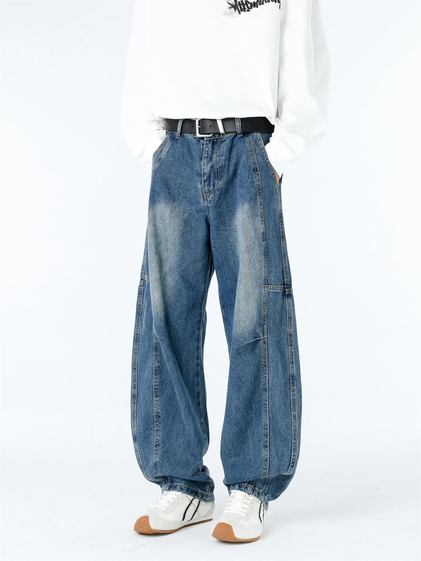 

Retro American Denim Jeans Men's Deconstructed Waed 3D Cutting Wide Leg Casual Pants Straight Loose Fit Summer Faion