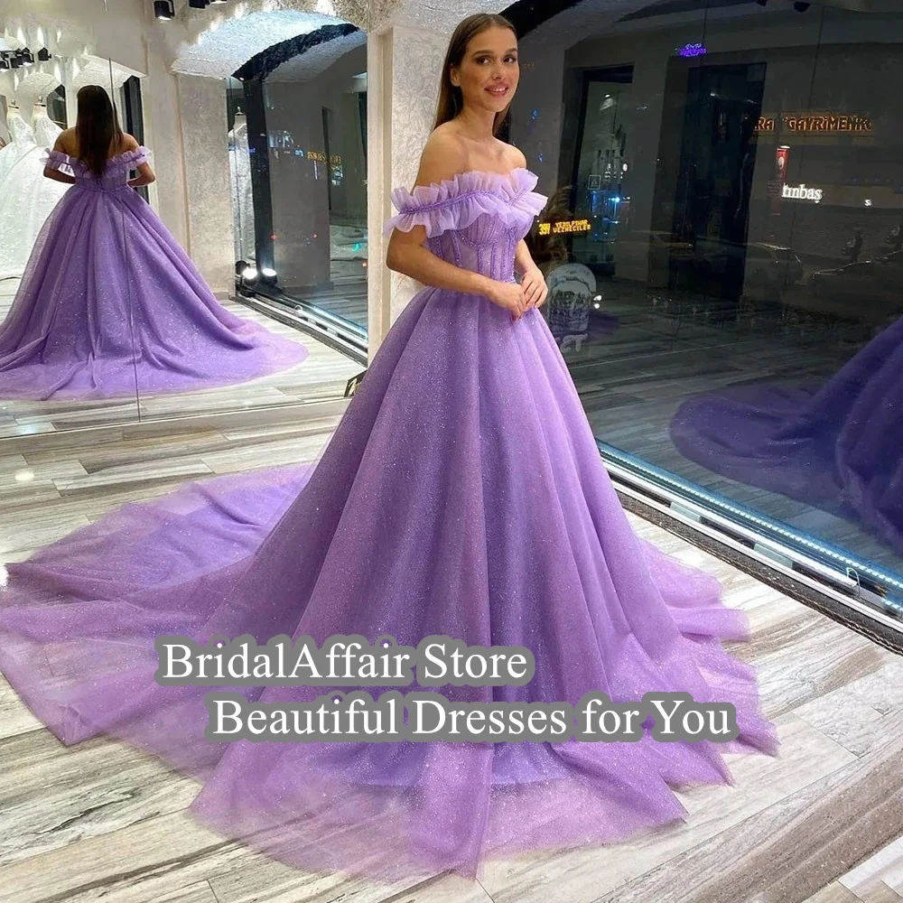 Bridal affair funkelnde 2024 Lavendel Ballkleider Tüll von der Schulter schnüren Rücken fegen Zug formelle Frauen Party Abendkleid