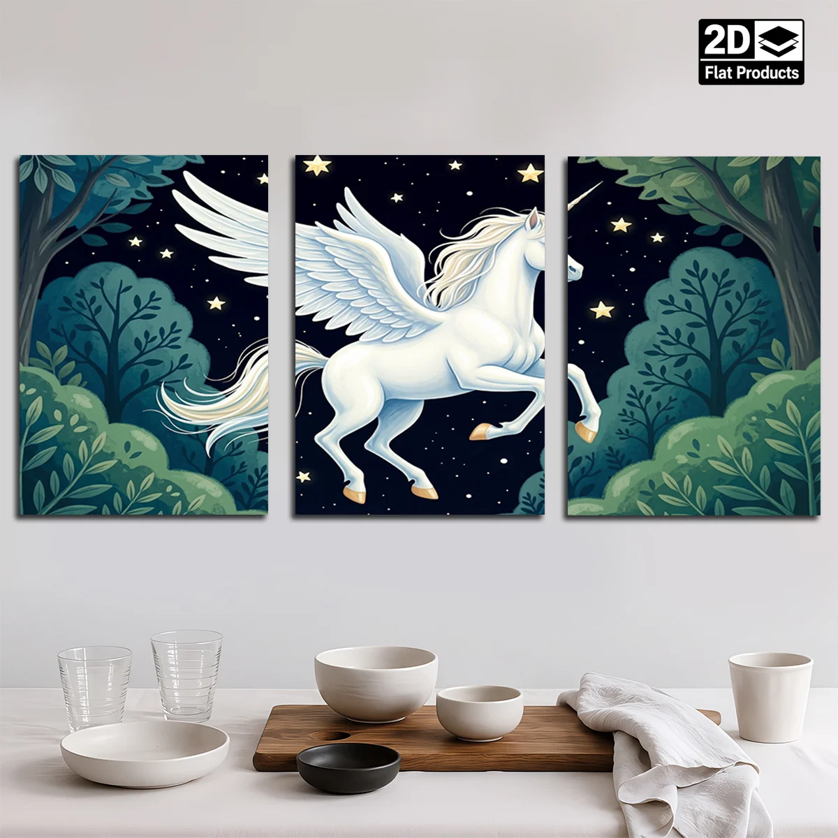 Frameless 3PCS 2D Decorative Painting - Canvas Painting - A White Pegasus With Wings Flies In A Starry Night Forest. Cheap Ro