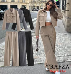 TRAFZA Casual Short Blazer Suit Women Pockets Lapel Jacket with Pants New 2024 Spring Fall Holiday Commuter Blazer Suit