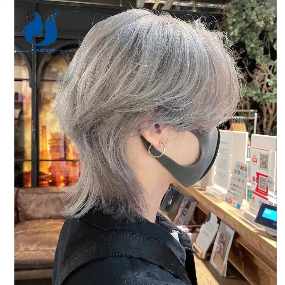 Amethyst Grey Mullet Wig for Men 13x4 Lace Frontal Middle Part Natural Wave Short Wig Remy Human Hair Wolf Cut Hair Replacement