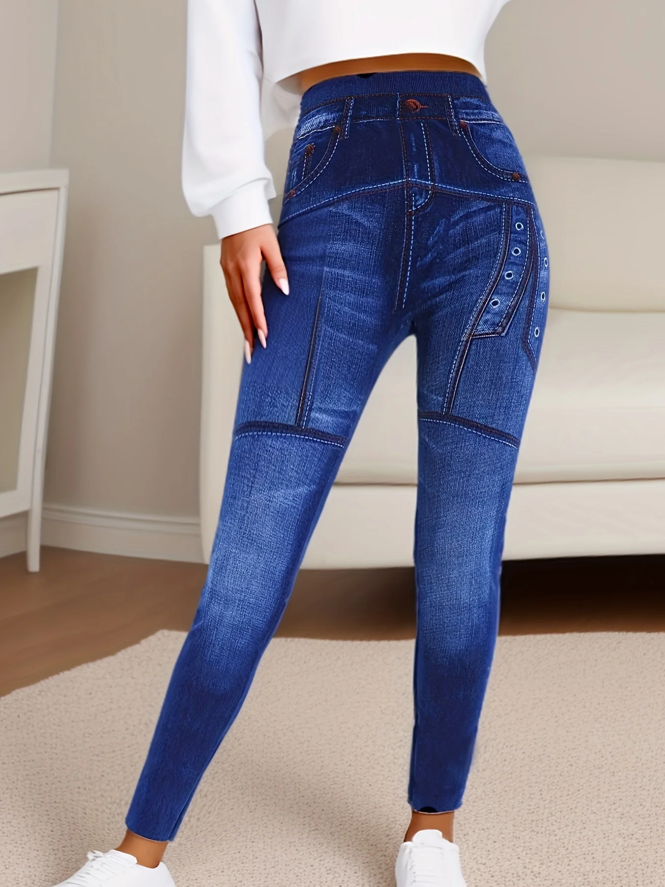 Casual En Elegante Sport Imitatie Denim Leggings Met Oogjes Bedrukt En Geverfde Leggings Hardlopen En Fitness Cropped Broek
