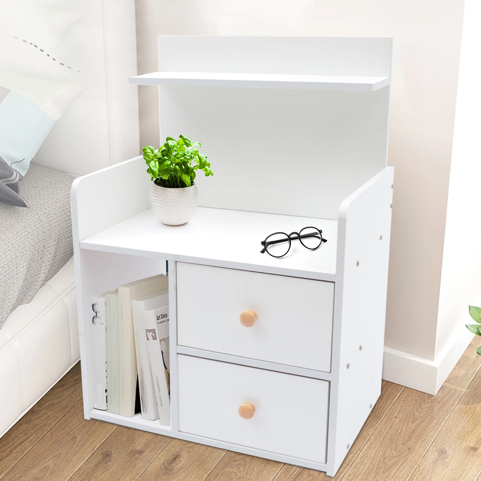 

CNCEST Nightstand Multifunctional Bedside Cabinet White Bedroom Storage Side Table with Open Shelf and 2 Drawer