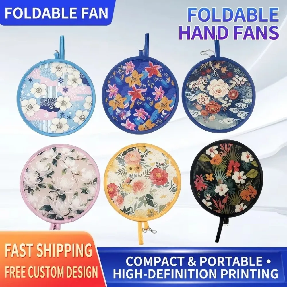 Fashion Summer Handheld Folding Fan Japanese Oil Painting Polyester Round Foldable Fan Travel Mini Folding Fan Men Women