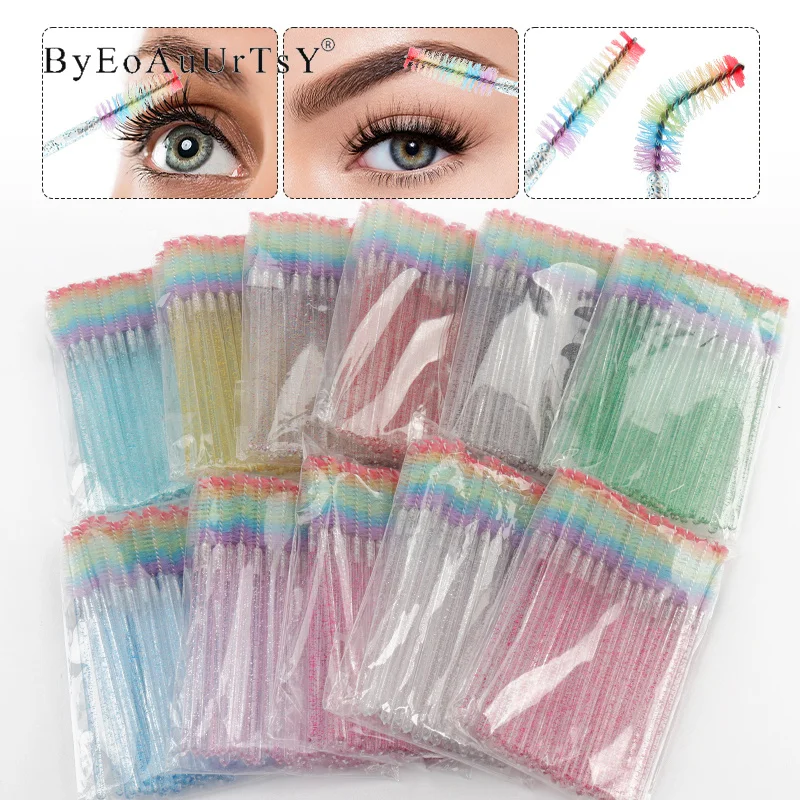 50pcs Disposable Crystal Eyelash Brush Lash Extension Makeup Brushes Mascara Wand Applicator Eyebrow Comb Rainbow Microbrush