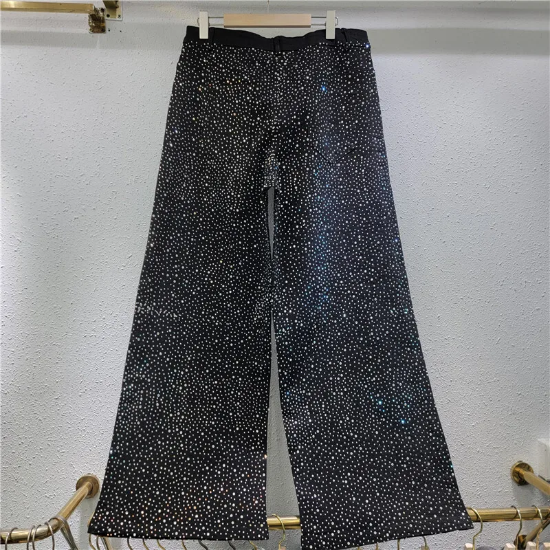 WTHT Fashion Women's Heavy Industry Diamonds Wide Leg Jeans  2024 Winter Trendy High Waist Straight Denim Pants Female 1LS614