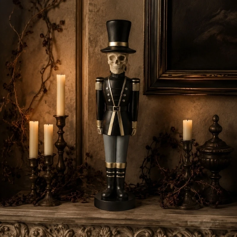 35.56 Soldier Statue Display Piece with Skull Headed Character, Dark Home Accent Styling and Stable Round Base for or 37JD