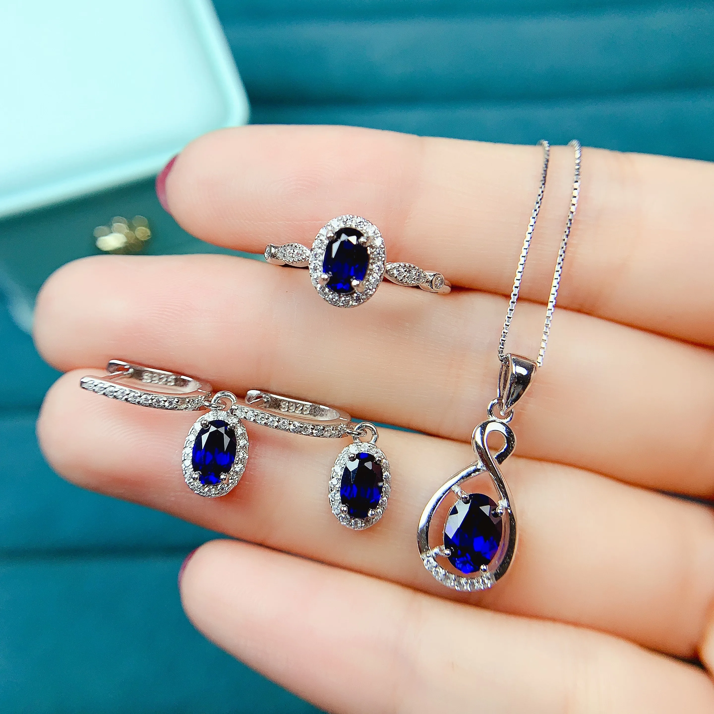 Natural Sapphire Luxury Earrings Rings Pendants Necklace Set S925 Sterling Silver Fine Fashion Jewelry for Women MeiBaPJFS