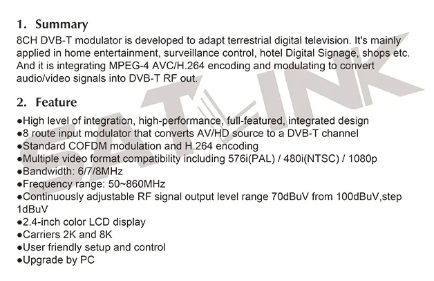 SATLINK WS-8902U Modulatore DVB-T AV/HD - SET 8 canali TOP BOX o RICEVITORE SATELLITARE 10 canali o 12 canali
