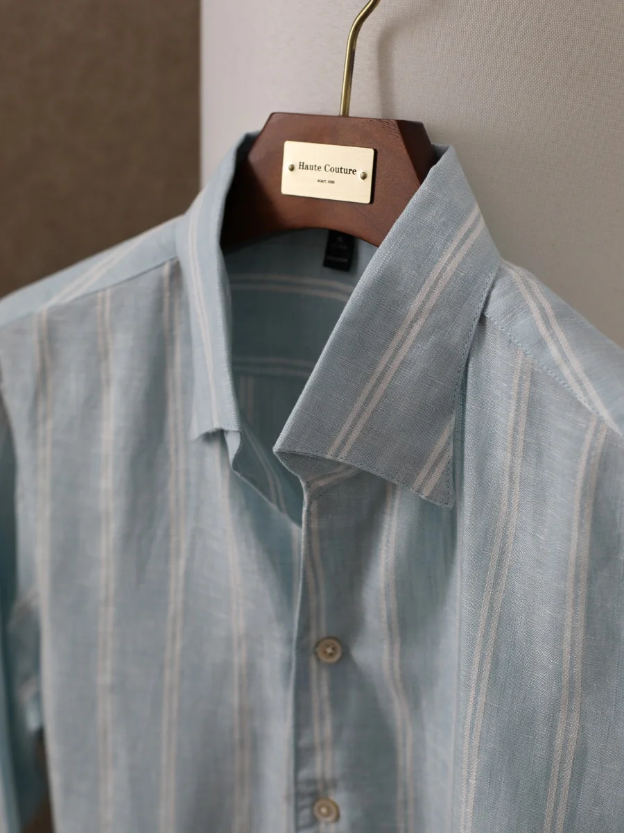 

Elegant Gentleman's Linen Shirt Casual British Style Holiday Slim Fit Collar Striped Shirt Breathable Skin-Fr...