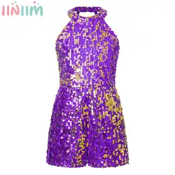 Kids Girls Shiny Sequin Halter Party Bodysuit Christmas Birthday Wedding Evening Costume Jazz Dance Stage Performance Jumpsuit